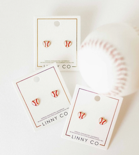 Small Heart earings with baseball imagery in the center