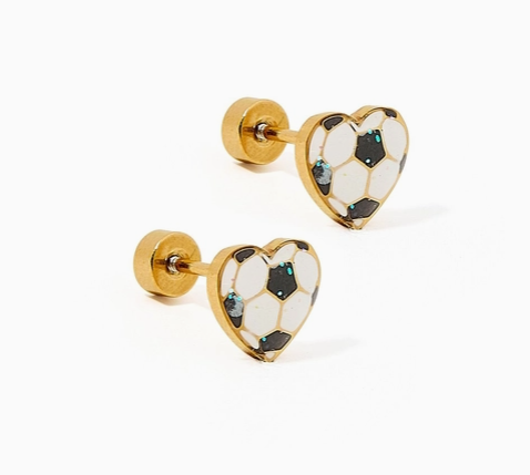 Small Heart earings with soccer imagery in the center
