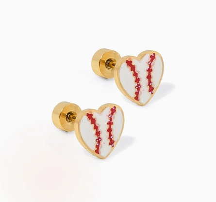 Small Heart earings with baseball imagery in the center