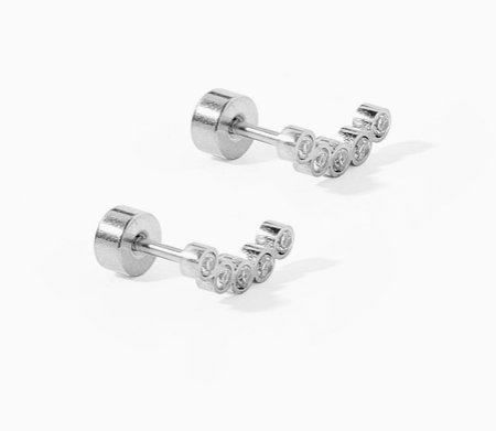 Silver Crescent flat back stud earings with five stones.