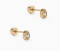 Gold teardrop stud earings with white stone in middle.